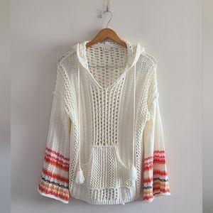 POL Crochet Beige Boho 70s Inspired Hoodie with Bell Sleeves Size Medium